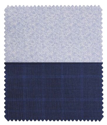 Combo of Raymond Dark Blue Broad Checks Trouser Fabric With Bombay Rayon White 100% Cotton Blue Paisley Print Shirt Fabric (Unstitched)