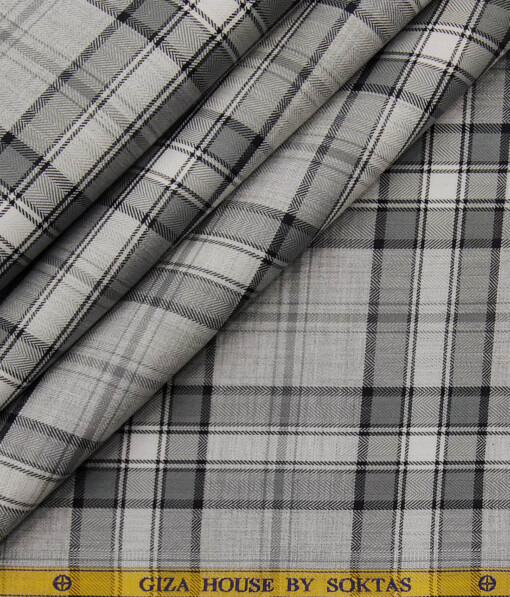 Soktas Light Grey 100% Giza Cotton White & Black Broad Checks Shirt Fabric (1.60 M)