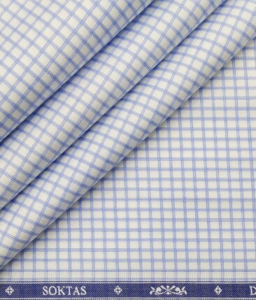 Soktas White 100% Supima Cotton Super 70's Light Blue Checks Shirt Fabric (1.60 M)