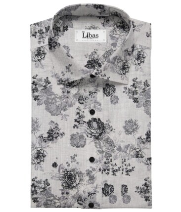 Solino Light Grey 100% Premium Cotton Black Floral Printed Shirt Fabric (1.60 M)