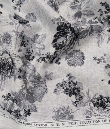 Solino Light Grey 100% Premium Cotton Black Floral Printed Shirt Fabric (1.60 M)