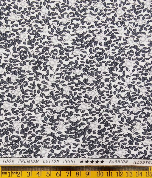 Solino White 100% Premium Cotton Dark Grey Floral Printed Shirt Fabric (1.60 M)