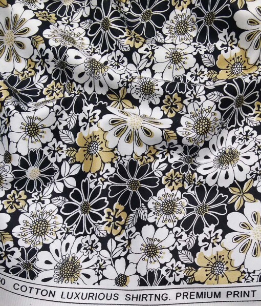 Solino Black 100% Premium Cotton Floral Printed Shirt Fabric (1.60 M)