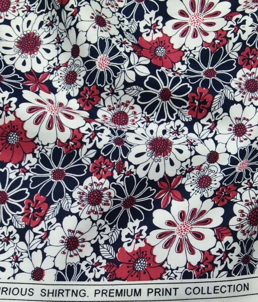 Solino Blue 100% Premium Cotton Floral Printed Shirt Fabric (1.60 M)
