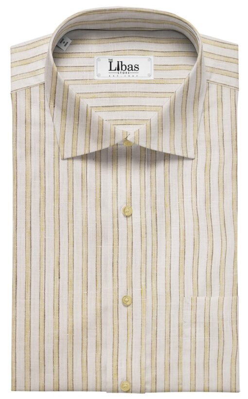 Burgoyne Men's Off-White 100% Irish Linen Beige & Brown Striped Unstitched Shirt Fabric (1.60 Meter)