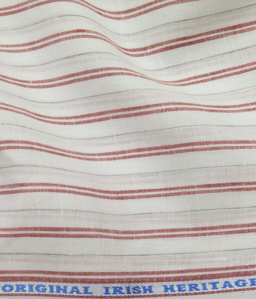 Burgoyne Men's White 100% Irish Linen Red & Blue Striped Unstitched Shirt Fabric (1.60 Meter)