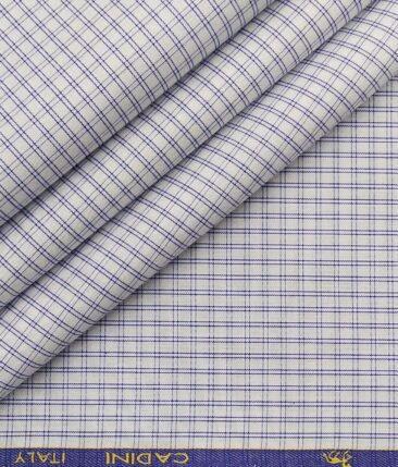 Cadini Italy Men's White 100% Giza Cotton Blue Checks Shirt Fabric (1.60 M)