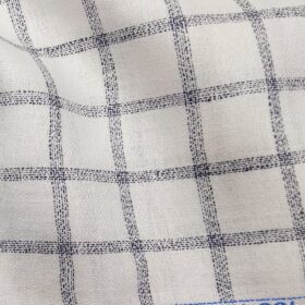J.Hampstead Italy Men's White & Navy Blue 100% European Linen 60 LEA Broad Checks Shirt Fabric (1.60 Meter)