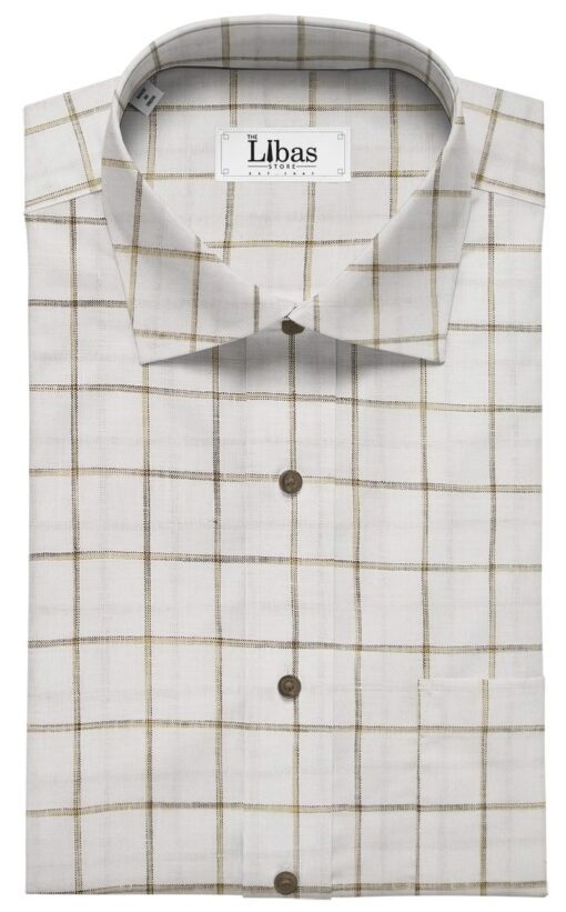 J.Hampstead Italy Men's White & Brown 100% European Linen 60 LEA Broad Checks Shirt Fabric (1.60 Meter)