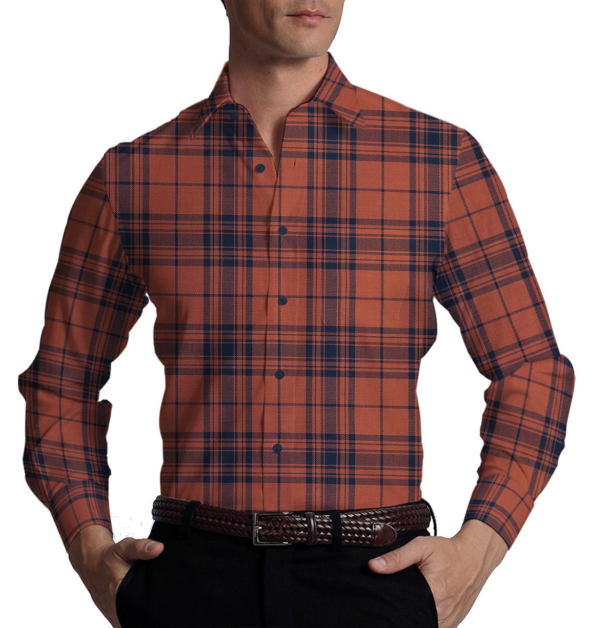 Monza Men's Brick Red 100% Superfine Cotton Broad Blue Checks Shirt Fabric (1.60 M)