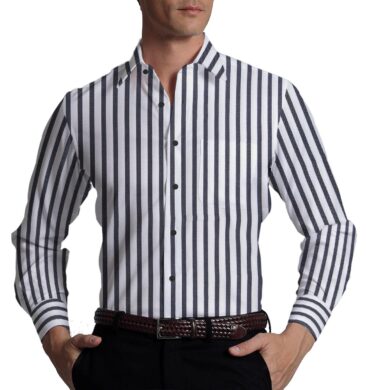 Monza Men's White 100% Superfine Cotton Black Stripes Shirt Fabric