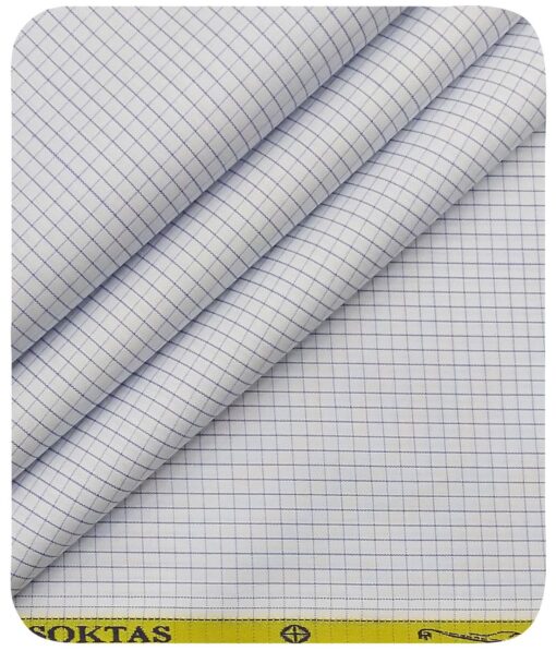 Soktas Men's White 100% Cotton Blue Checks Shirt Fabric (1.60 M)