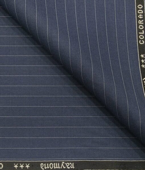 Raymond Aegean Blue Polyester Viscose White Pin Stripes Unstitched Suiting Fabric - 3.75 Meter