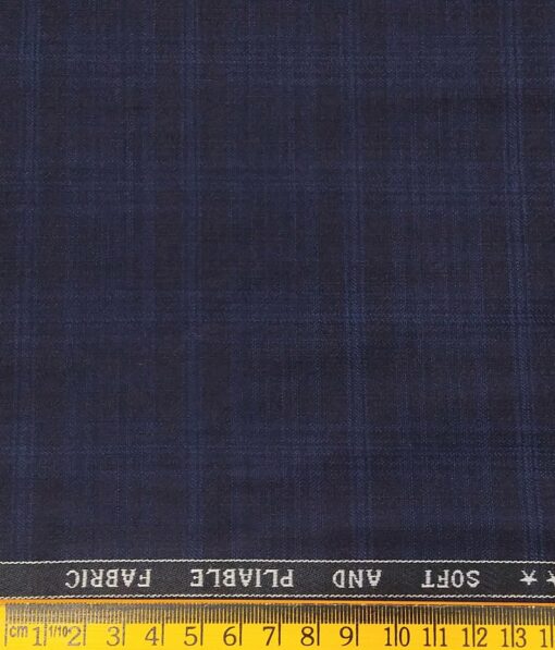 Raymond Dark Blue Polyester Viscose Royal Blue Broad Self Checks Unstitched Suiting Fabric - 3.75 Meter