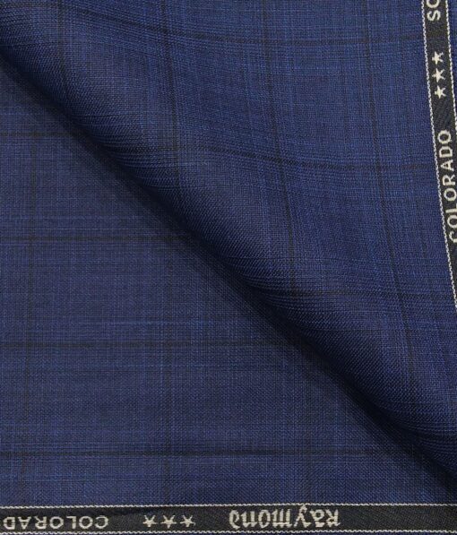 Raymond Royal Blue Polyester Viscose Self Black Checks Unstitched Suiting Fabric - 3.75 Meter