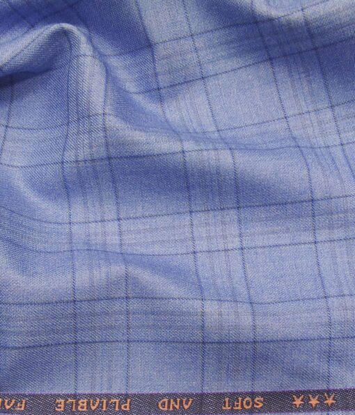 Raymond Sky Blue Polyester Viscose Self Broad Checks Unstitched Suiting Fabric - 3.75 Meter
