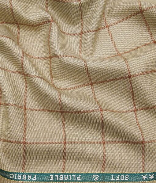 Raymond Egg Nog Beige Polyester Viscose Red Broad Checks Unstitched Suiting Fabric - 3.75 Meter