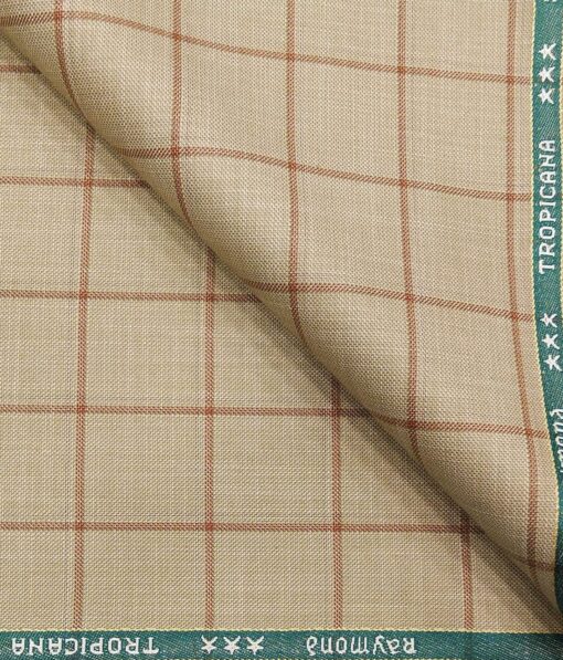 Raymond Egg Nog Beige Polyester Viscose Red Broad Checks Unstitched Suiting Fabric - 3.75 Meter