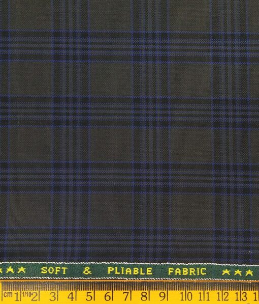 Raymond Grey Polyester Viscose Blue Broad Checks Unstitched Suiting Fabric - 3.75 Meter