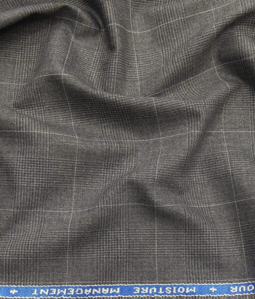 Raymond Techni Stretch Medium Grey Polyester Viscose Self Checks Unstitched Stretchable Suiting Fabric - 3.75 Meter