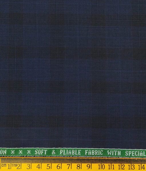 Raymond Dark Royal Blue Polyester Viscose Black Self Checks Unstitched Suiting Fabric - 3.75 Meter