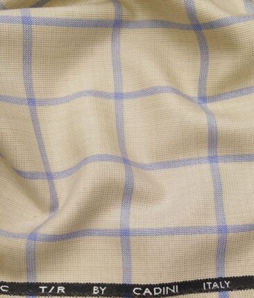Cadini Italy Men's by Siyaram's Beige Terry Rayon Blue Broad Checks Unstitched Suiting Fabric - 3.75 Meter