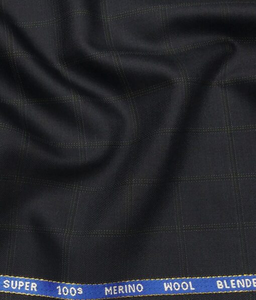 Cadini Italy Men's by Siyaram's Dark Blue 20% Merino Wool Super 90's Green Checks Unstitched Suiting Fabric - 3.75 Meter
