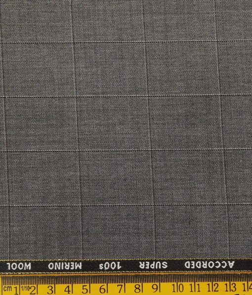 Cadini Italy Men's by Siyaram's Worsted Grey 20% Merino Wool Super 100's Self Broad Checks Unstitched Suiting Fabric - 3.75 Meter