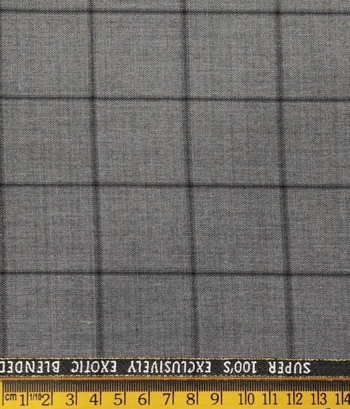J.Hampstead Italy Men's by Siyaram's Grey 20% Merino Wool Super 100's Black Checks Unstitched Suiting Fabric - 3.75 Meter