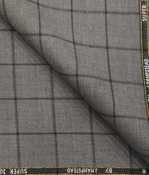 J.Hampstead Italy Men's by Siyaram's Grey 20% Merino Wool Super 100's Black Checks Unstitched Suiting Fabric - 3.75 Meter