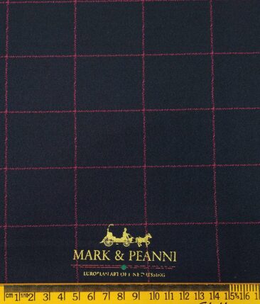 Mark & Peanni Men's Dark Blue Terry Rayon Pink Broad Checks cum Structured Unstitched Suiting Fabric - 3.75 Meter