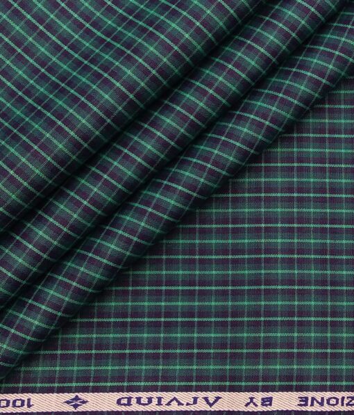 Arvind Men's 100% Premium Cotton Dark Blue Checks Shirt Fabric ( Green