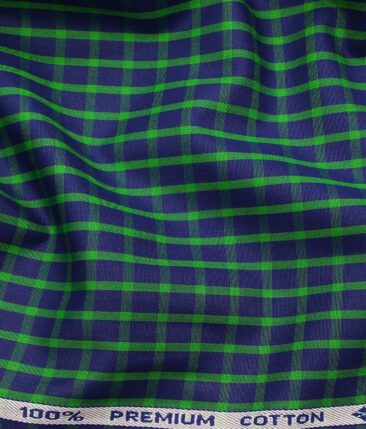 Arvind Men's 100% Premium Cotton Green Checks Shirt Fabric ( Royal Blue