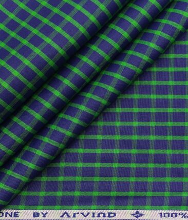 Arvind Men's 100% Premium Cotton Green Checks Shirt Fabric ( Royal Blue