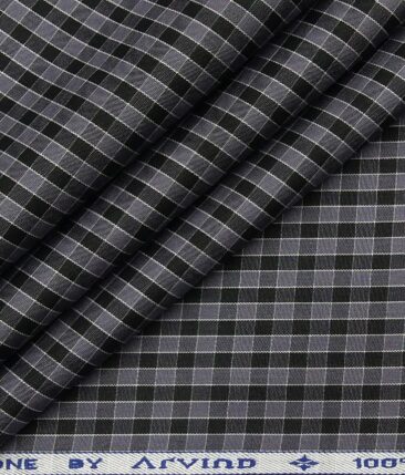 Arvind Men's 100% Premium Cotton Black Checks Shirt Fabric ( Grey