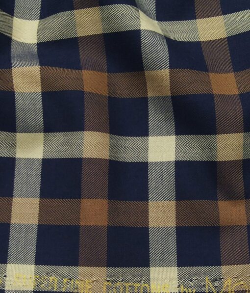 Monza Men's 100% Superfine Cotton Beige & Brown Broad Checks Unstitched Shirt Fabric (Dark Blue