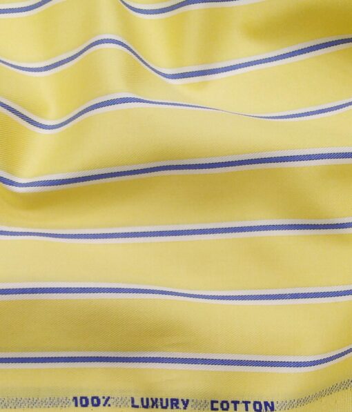 Monza Men's 100% Luxury Cotton White & Blue Striped Unstitched Shirt Fabric (Blonde Yellow