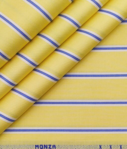 Monza Men's 100% Luxury Cotton White & Blue Striped Unstitched Shirt Fabric (Blonde Yellow