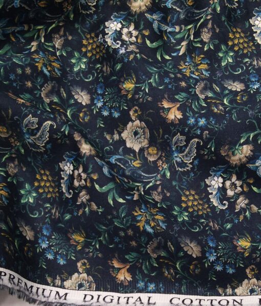Monza Men's 100% Premium Cotton Multicolor Digital Floral Print Unstitched Shirt Fabric (Dark Blue