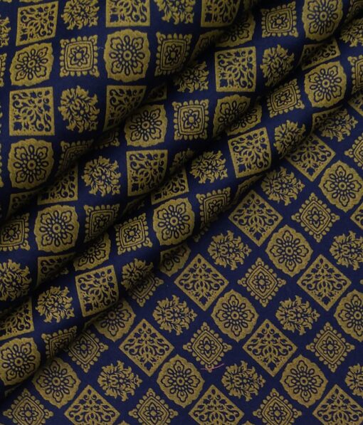 Nemesis Men's 100% Giza Cotton Gold Vintage Print Unstitched Shirt Fabric (Dark Blue