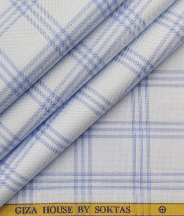 Soktas Men's 100% Egyptian Giza Cotton Blue Broad Checks Unstitched Shirt Fabric (Sky Blue