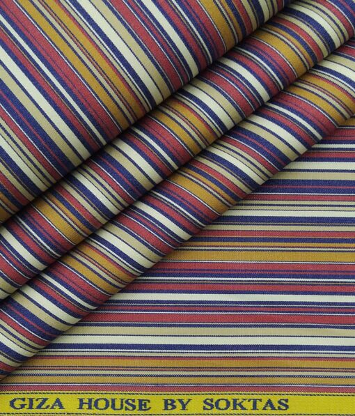 Soktas Men's 100% Egyptian Giza Cotton Multicolor Stripes Unstitched Shirt Fabric (Multicolor