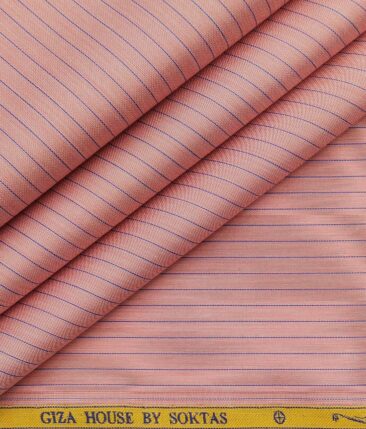 Soktas Men's Super 120's 100% Egyptian Giza Cotton 2 Ply Blue Stripes Unstitched Shirt Fabric (Peachish Pink)