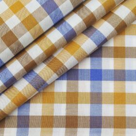 Soktas Men's 100% Cotton Blue & Yellow Checks Unstitched Shirt Fabric (White