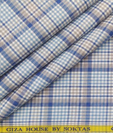 Soktas Men's 100% Cotton Firozi Blue Checks Unstitched Shirt Fabric ...