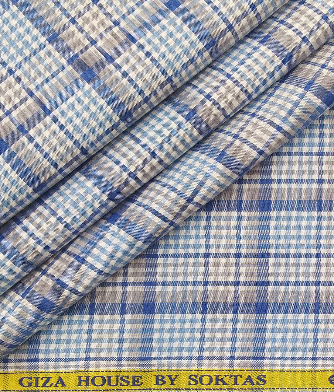 Soktas Men's 100% Cotton Firozi Blue Checks Unstitched Shirt Fabric (White