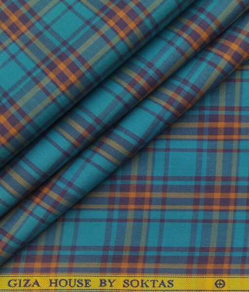 Soktas Men's Cotton Tencel Burberry Checks Unstitched Shirt Fabric (Firozi Blue