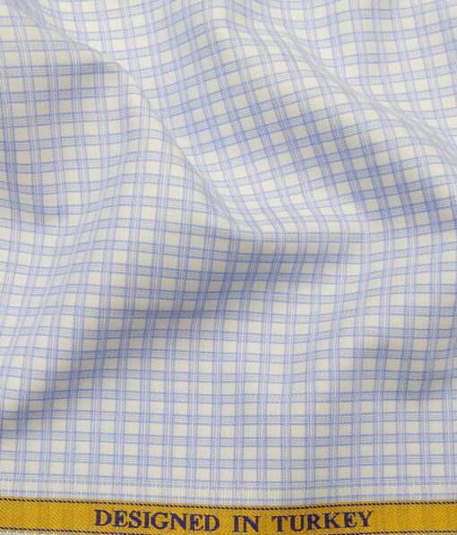 Soktas Men's 100% Egyptian Giza Cotton Blue Checks Unstitched Shirt Fabric (White