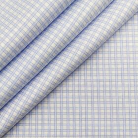 Soktas Men's 100% Egyptian Giza Cotton Blue Checks Unstitched Shirt Fabric (White