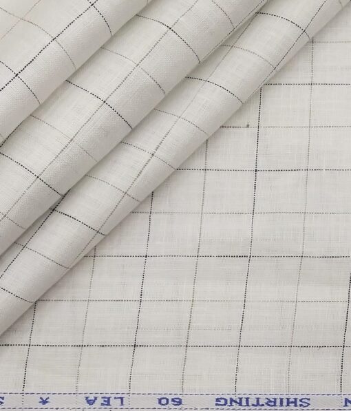 Solino Men's 60 LEA Pure Linen Black Checks Unstitched Shirt Fabric (White